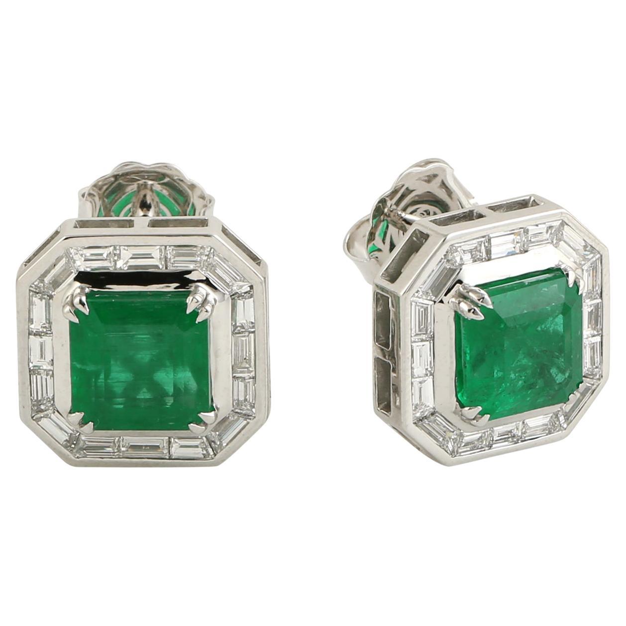 Vivid Green Zambian Emerald Studs Made In 18k White Gold
