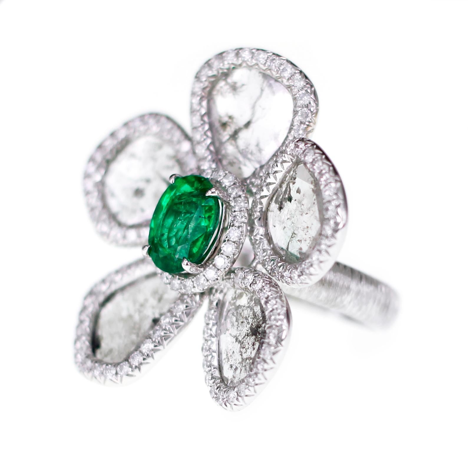 Modernist Vivid Green Zambian Emerald with Salt and Pepper Slice Diamond