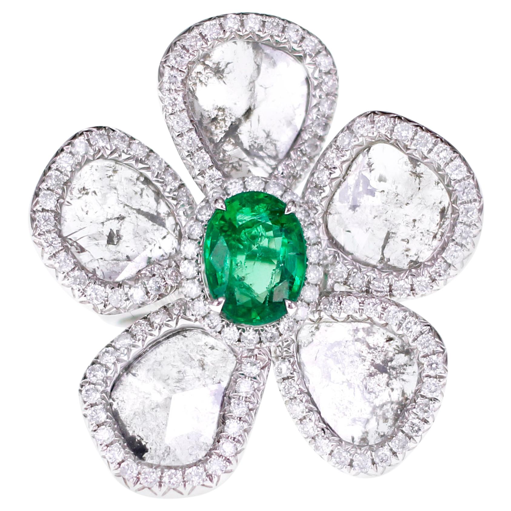 Vivid Green Zambian Emerald with Salt and Pepper Slice Diamond