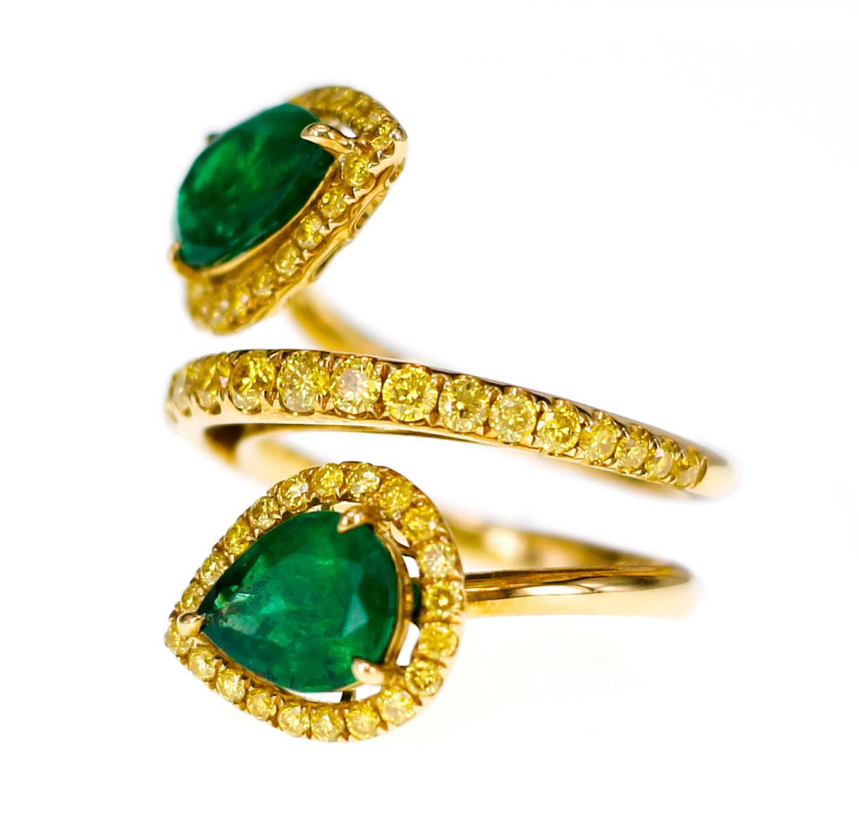 Art Nouveau Vivid Green Zambian Emerald with Vivid Yellow Diamond Twin Ring
