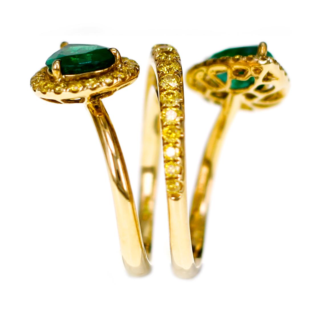 Pear Cut Vivid Green Zambian Emerald with Vivid Yellow Diamond Twin Ring