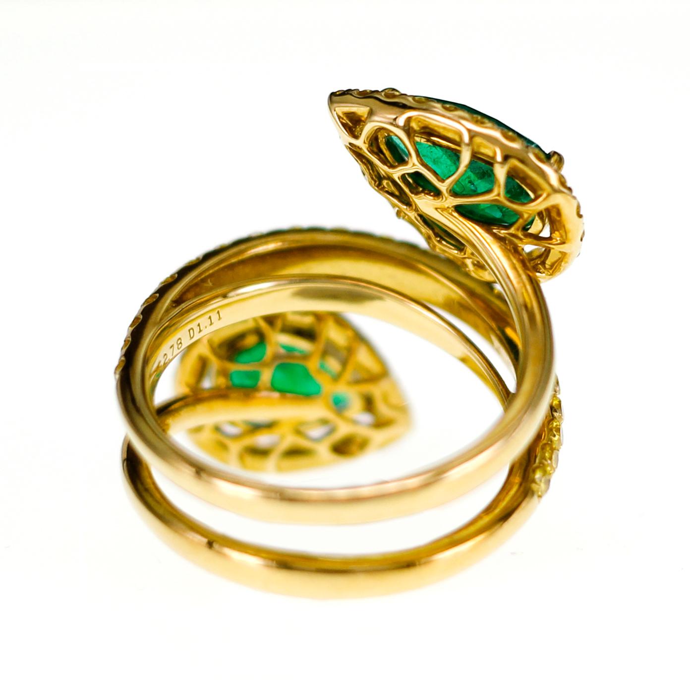 Women's Vivid Green Zambian Emerald with Vivid Yellow Diamond Twin Ring