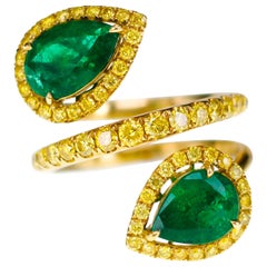 Vivid Green Zambian Emerald with Vivid Yellow Diamond Twin Ring