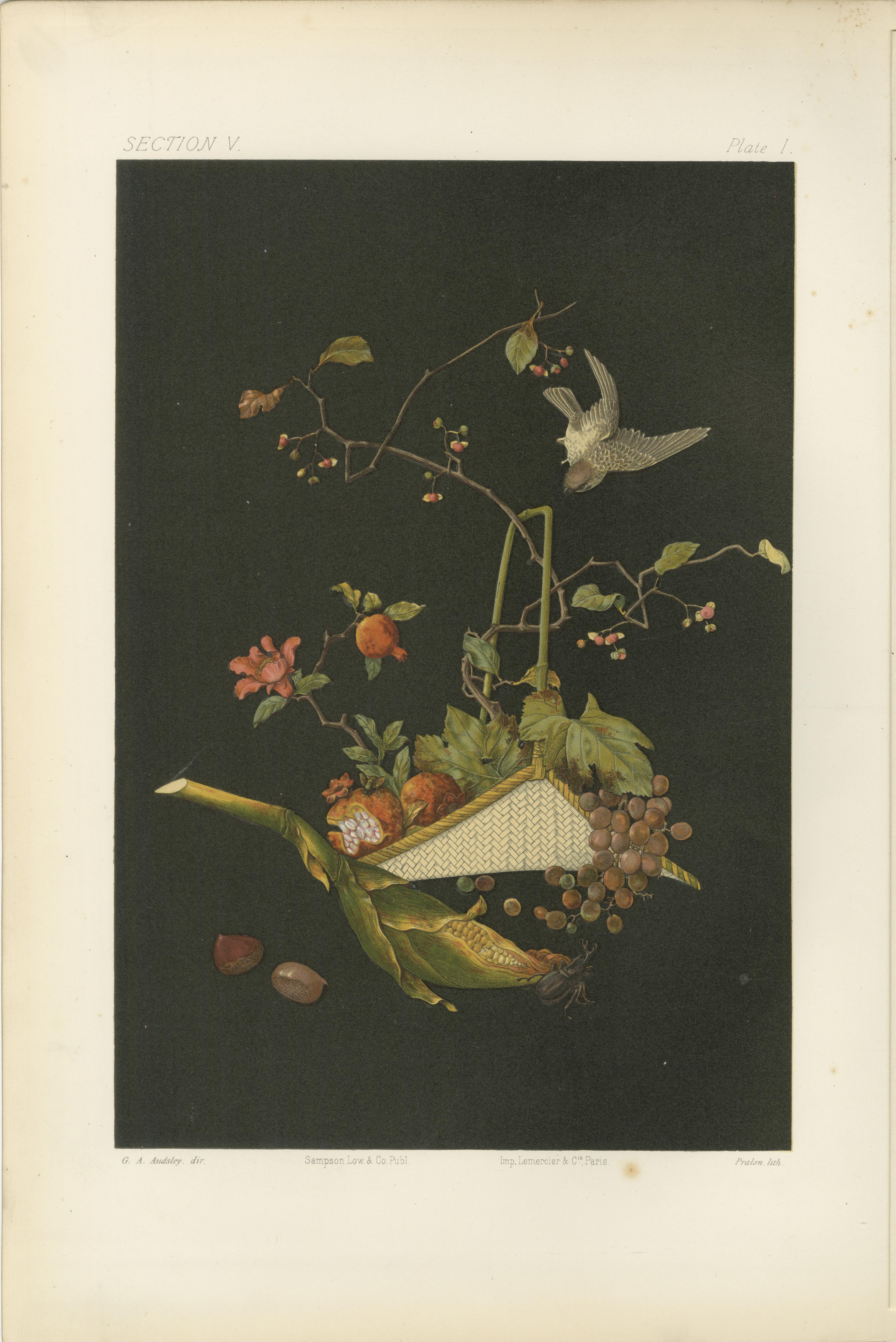 Lebendige handkolorierte Lithographie aus Audsleys The Ornamental Arts of Japan, 1882-1884
 
Diese außergewöhnliche handkolorierte Lithografie ist ein eindrucksvolles Beispiel für japanisches Ornamentdesign aus George Ashdown Audsleys monumentalem