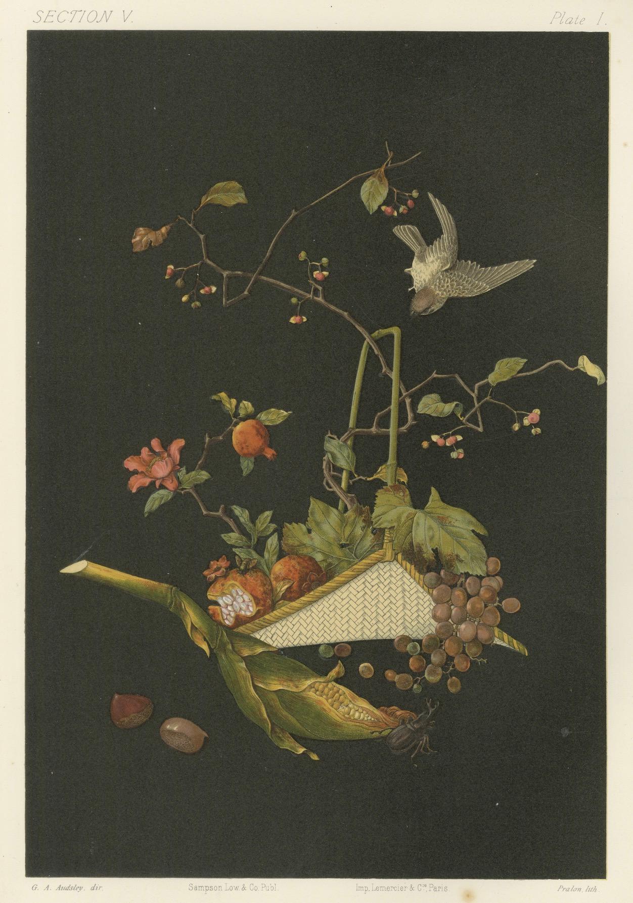 Vivid handkolorierte Lithographie aus Audsleys The Ornamental Arts of Japan, 1884 im Angebot 1