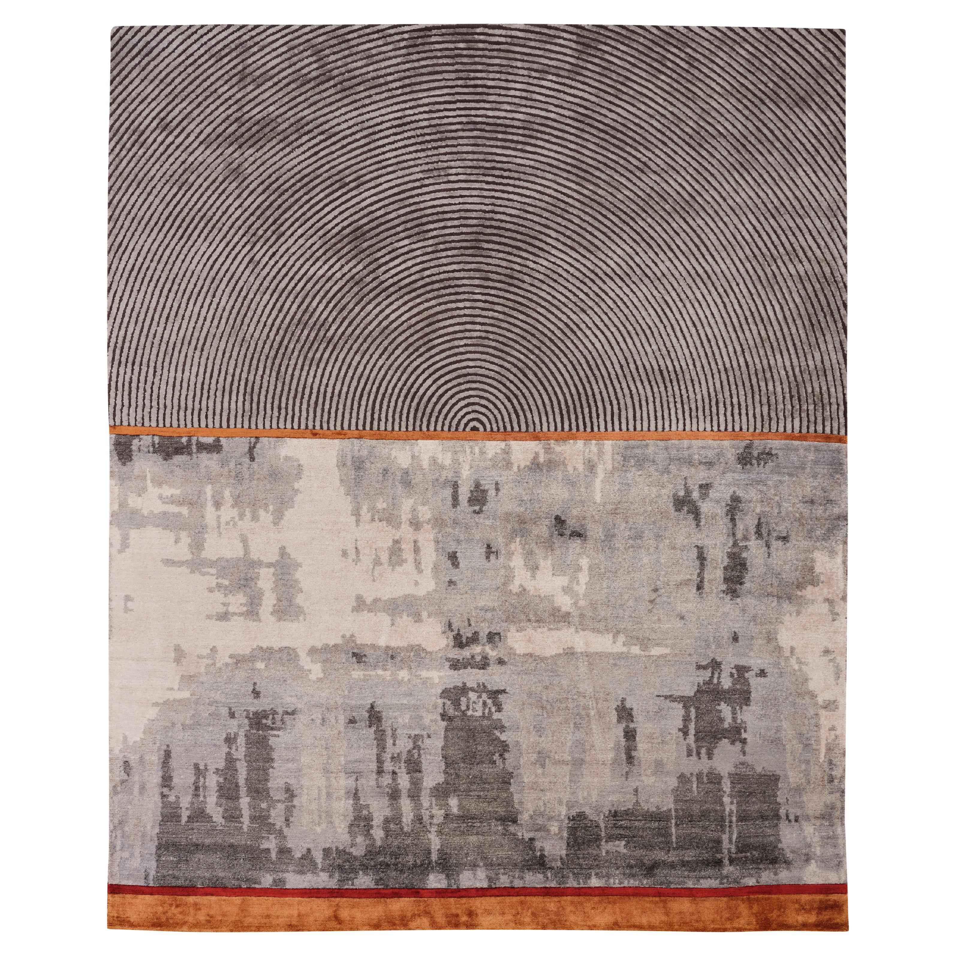 VIVID Hand Knotted Contemporary Wool & Silk Rug, Blue and Rust Colours by Hands For Sale