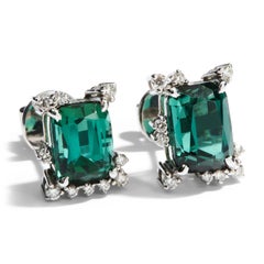 Giant 14K Gold 4.7ct Lagoon Tourmaline Diamond Earrings