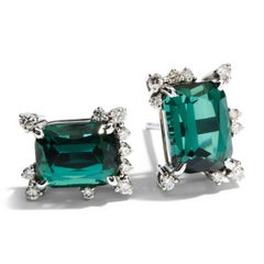 Giant 14K Gold 4.7ct Lagoon Tourmaline Diamond Earrings