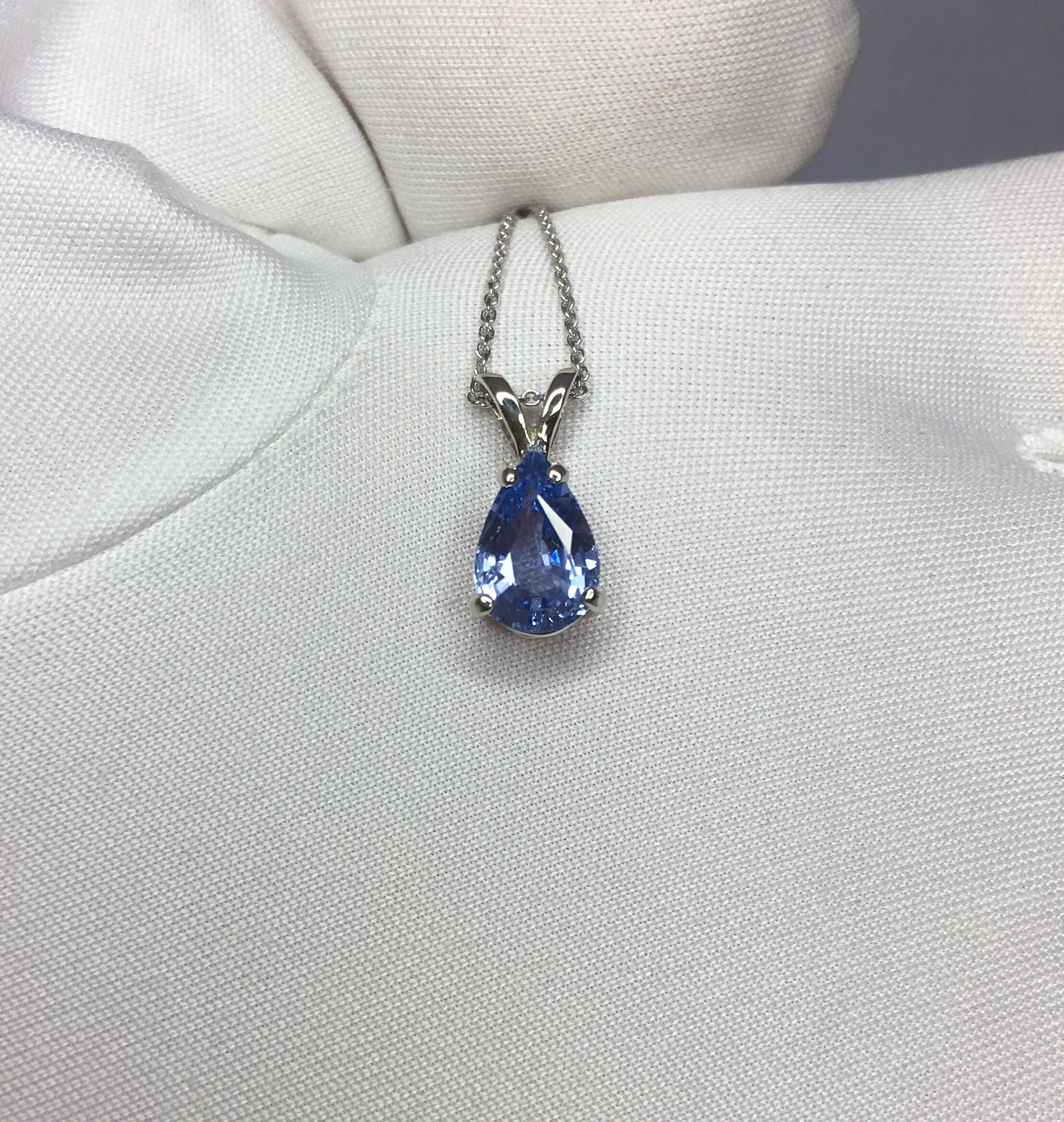 Beautiful 1.34 carat blue Ceylon Sapphire set in a fine 14k white gold solitaire pendant.

Stunning blue sapphire with vivid light blue colour and excellent clarity. Very clean stone.

It also has an excellent pear/teardrop cut which shows lots of