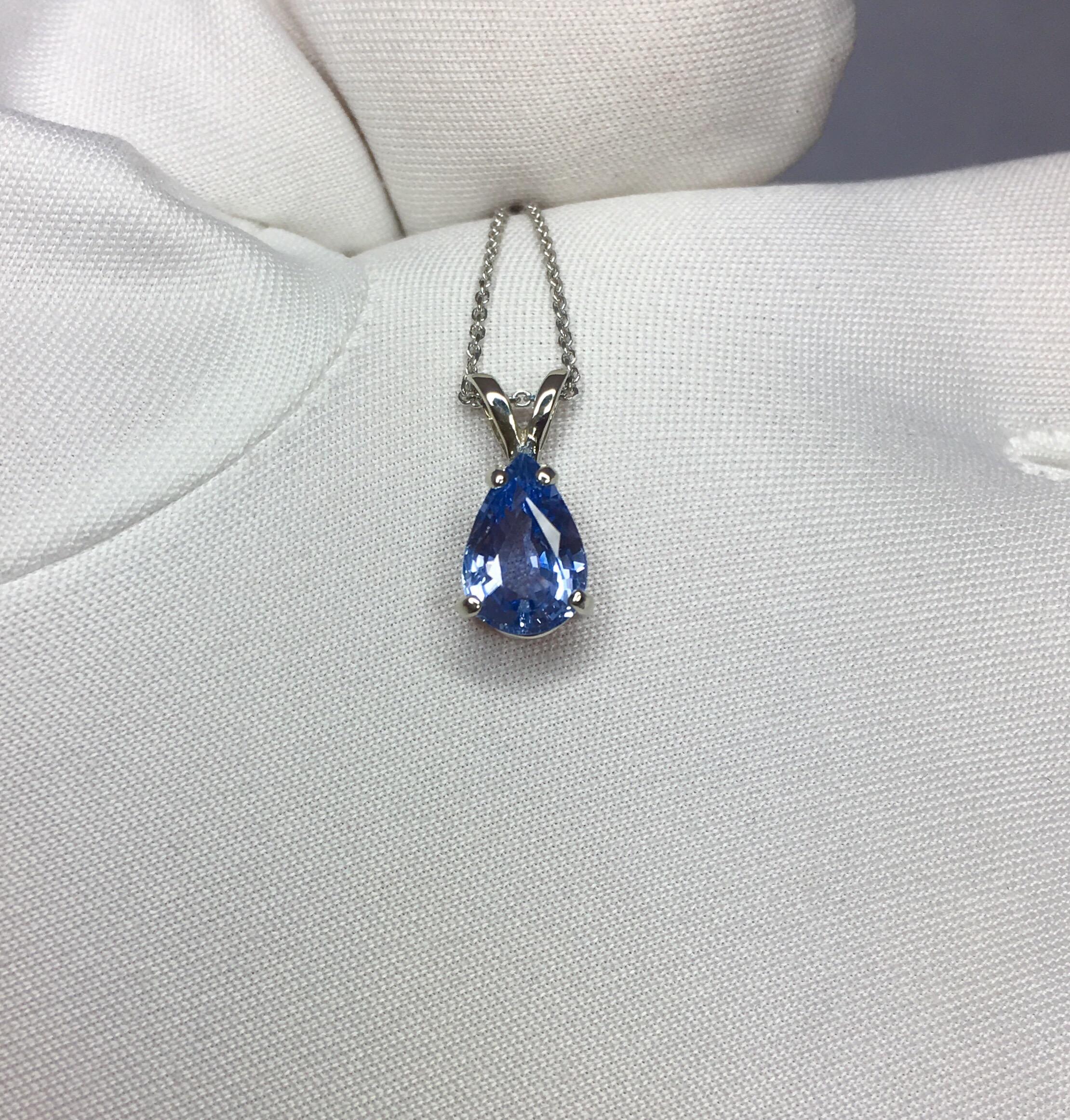 Oval Cut Vivid Light Blue Ceylon Sapphire 1.34 Carat Pear Cut White Gold Sapphire Pendant