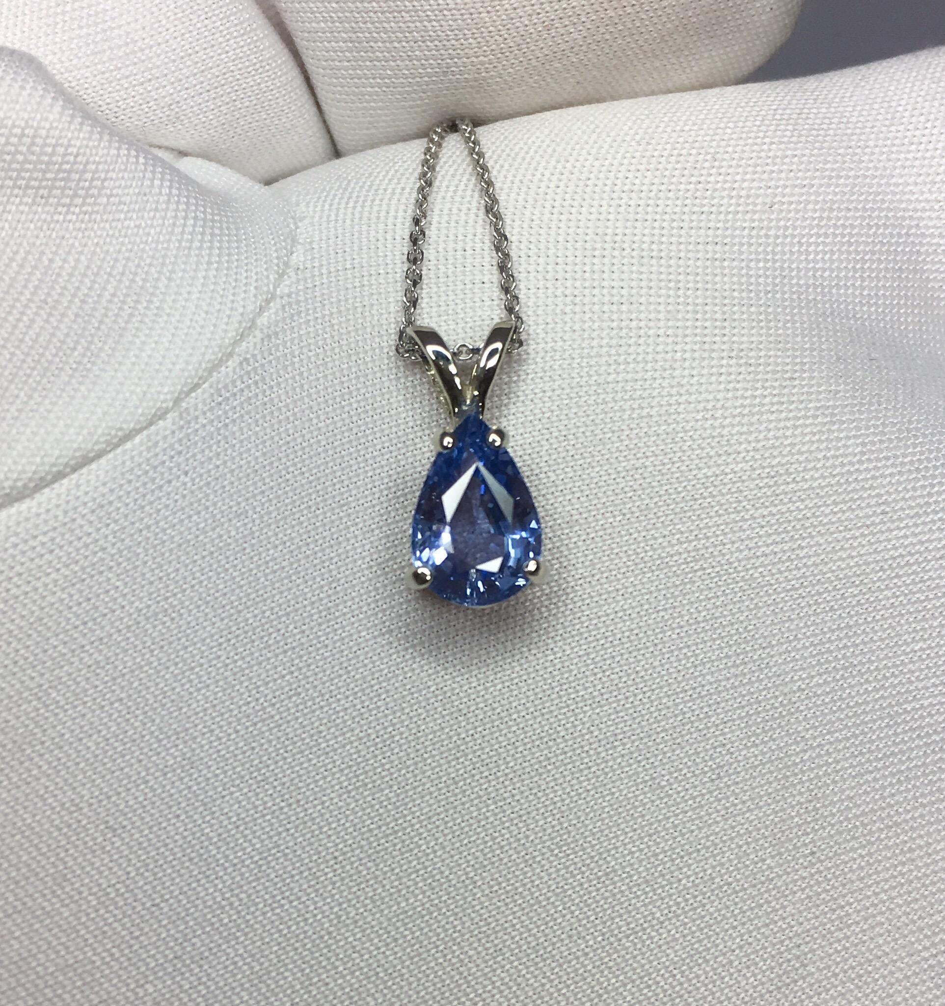 Women's or Men's Vivid Light Blue Ceylon Sapphire 1.34 Carat Pear Cut White Gold Sapphire Pendant