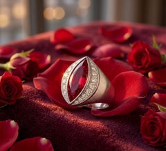 Vivid Marquise Cut Ruby (GIA) and Round Diamond Halo Statement Ring in Platinum