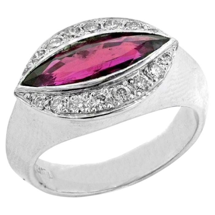 Vivid Marquise Cut Ruby and Round Diamond Halo Statement Ring in Platinum For Sale
