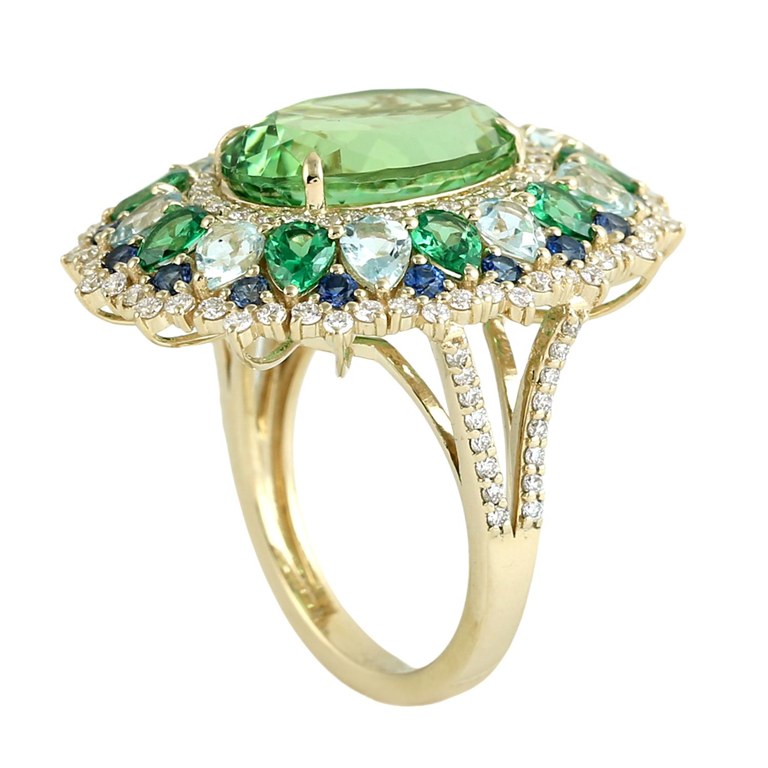 Taglio misto Anello cocktail con gemme multiple e diamanti in oro giallo 14k in vendita