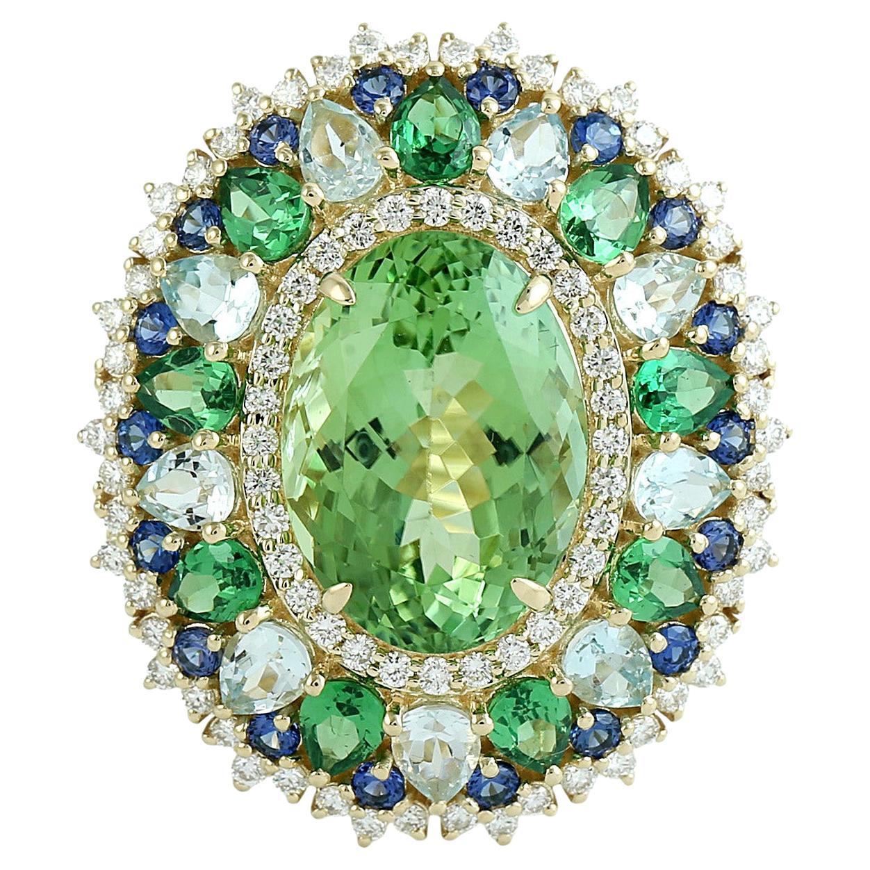 Anello cocktail con gemme multiple e diamanti in oro giallo 14k in vendita