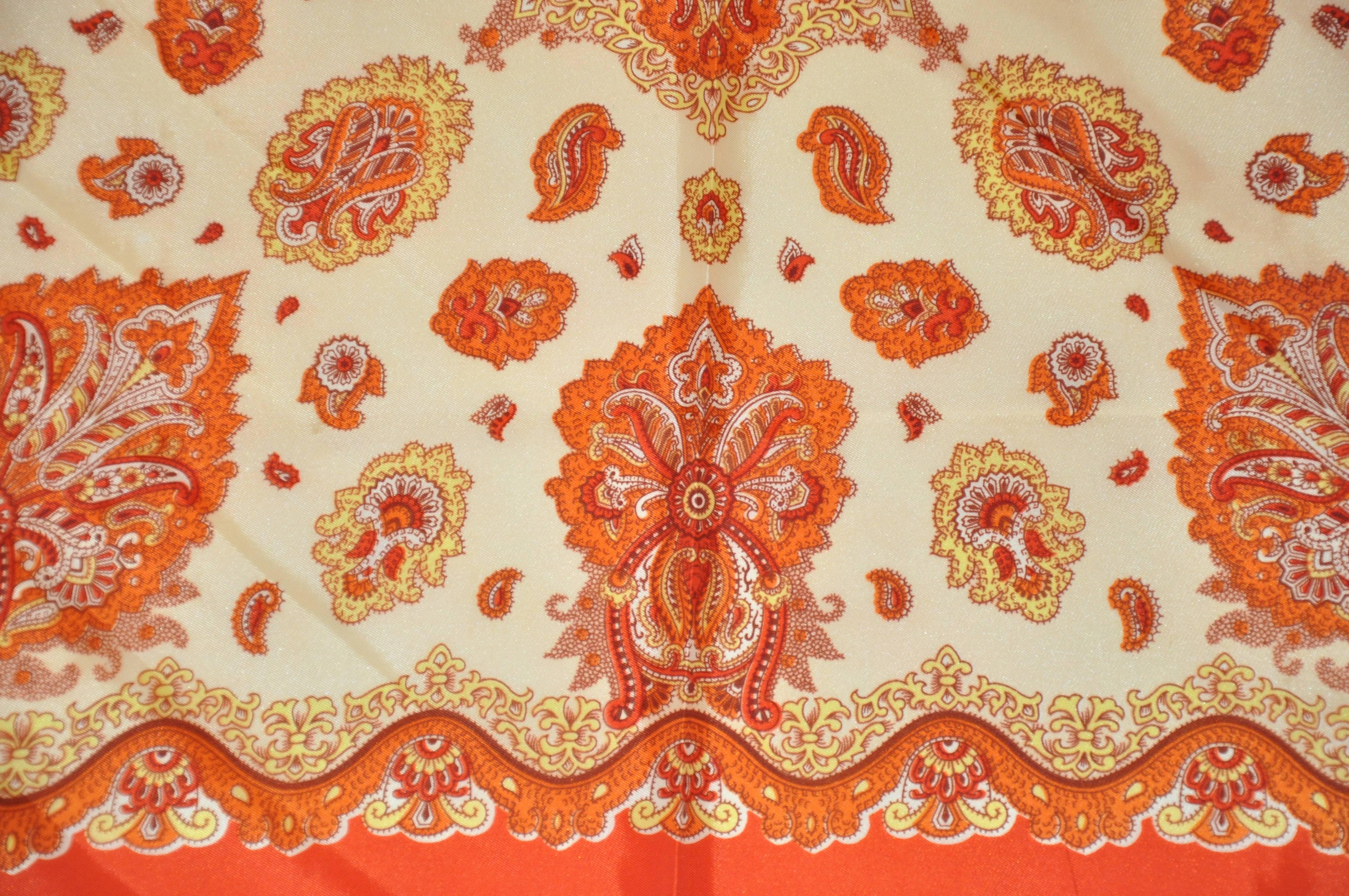Vivid Multi Shades of Tangerine & Orange Hues Bold Palsey Scarf In Good Condition For Sale In New York, NY