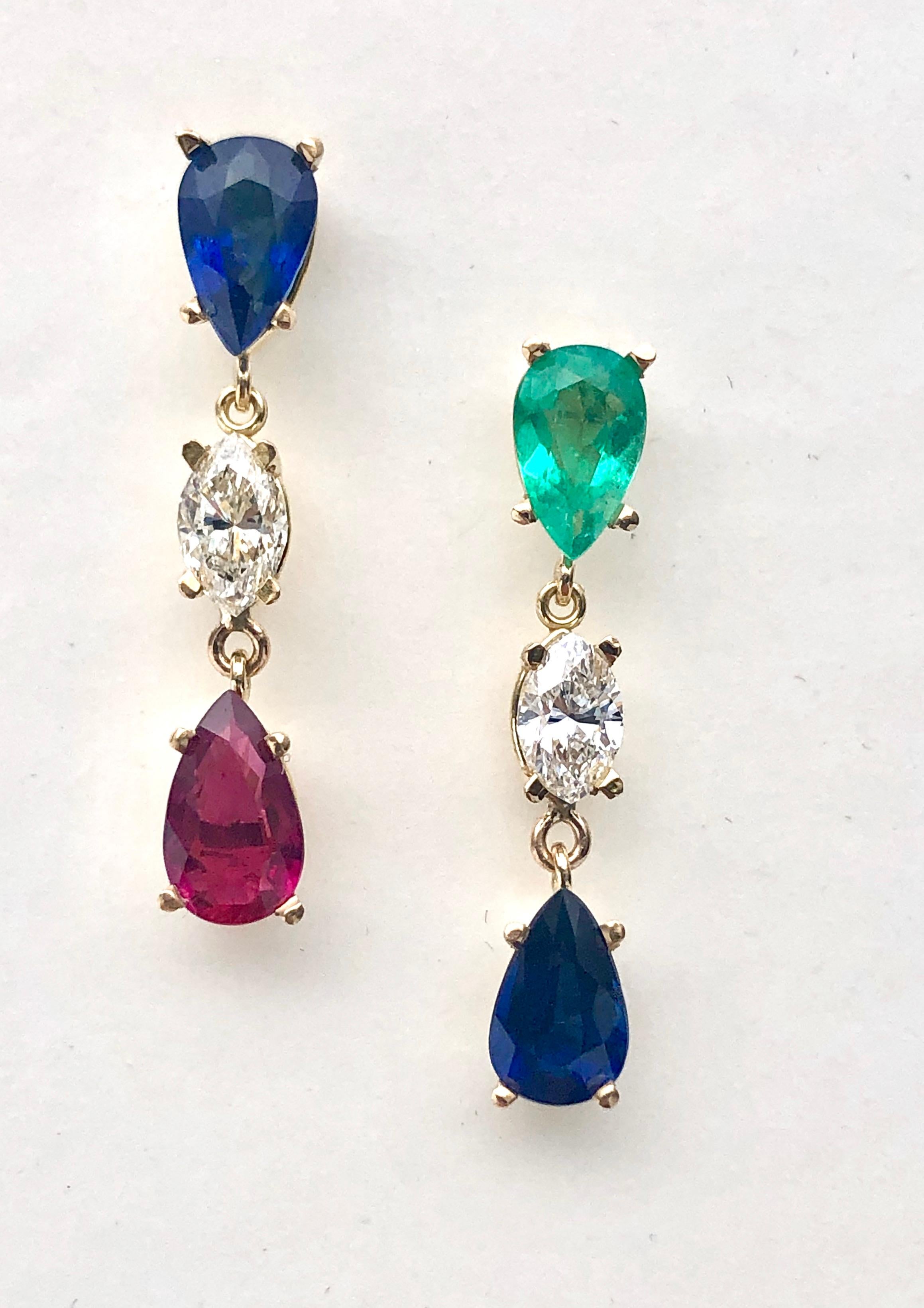 Emeralds Maravellous Vivid Natural Emerald Ruby Sapphire Diamond Drop Earrings  For Sale 7