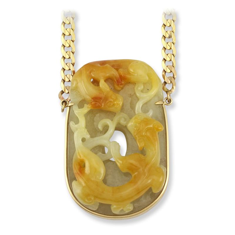 Vivid Natural Yellow Jadeite Jade Double Dragon Carving Necklace by Mason-Kay In New Condition For Sale In Littleton, CO