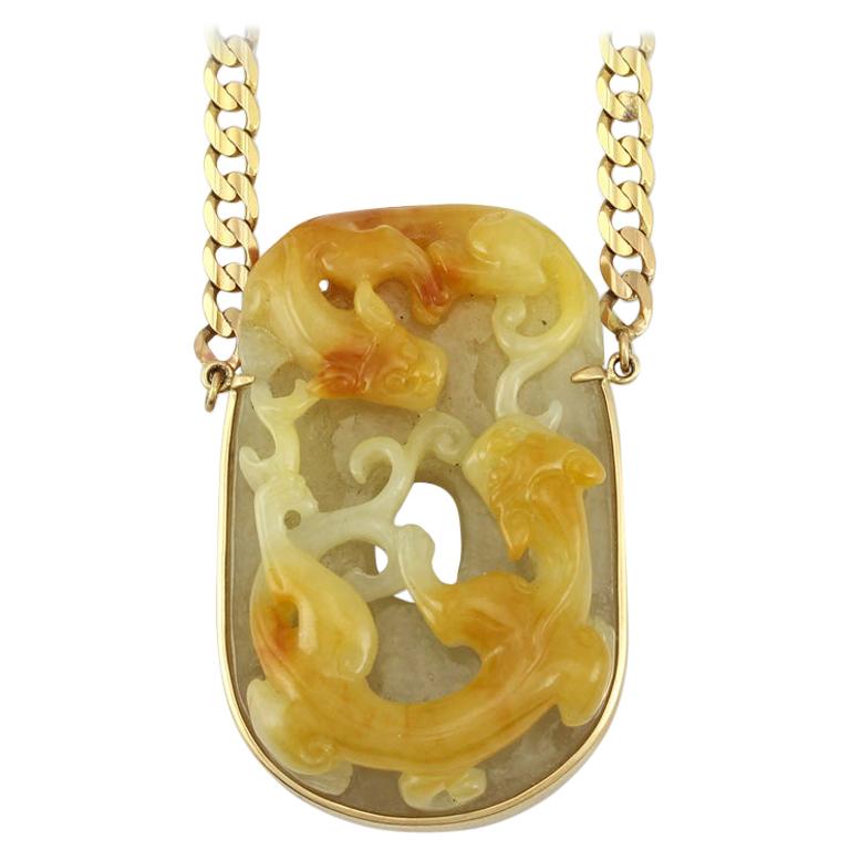 Vivid Natural Yellow Jadeite Jade Double Dragon Carving Necklace by Mason-Kay For Sale