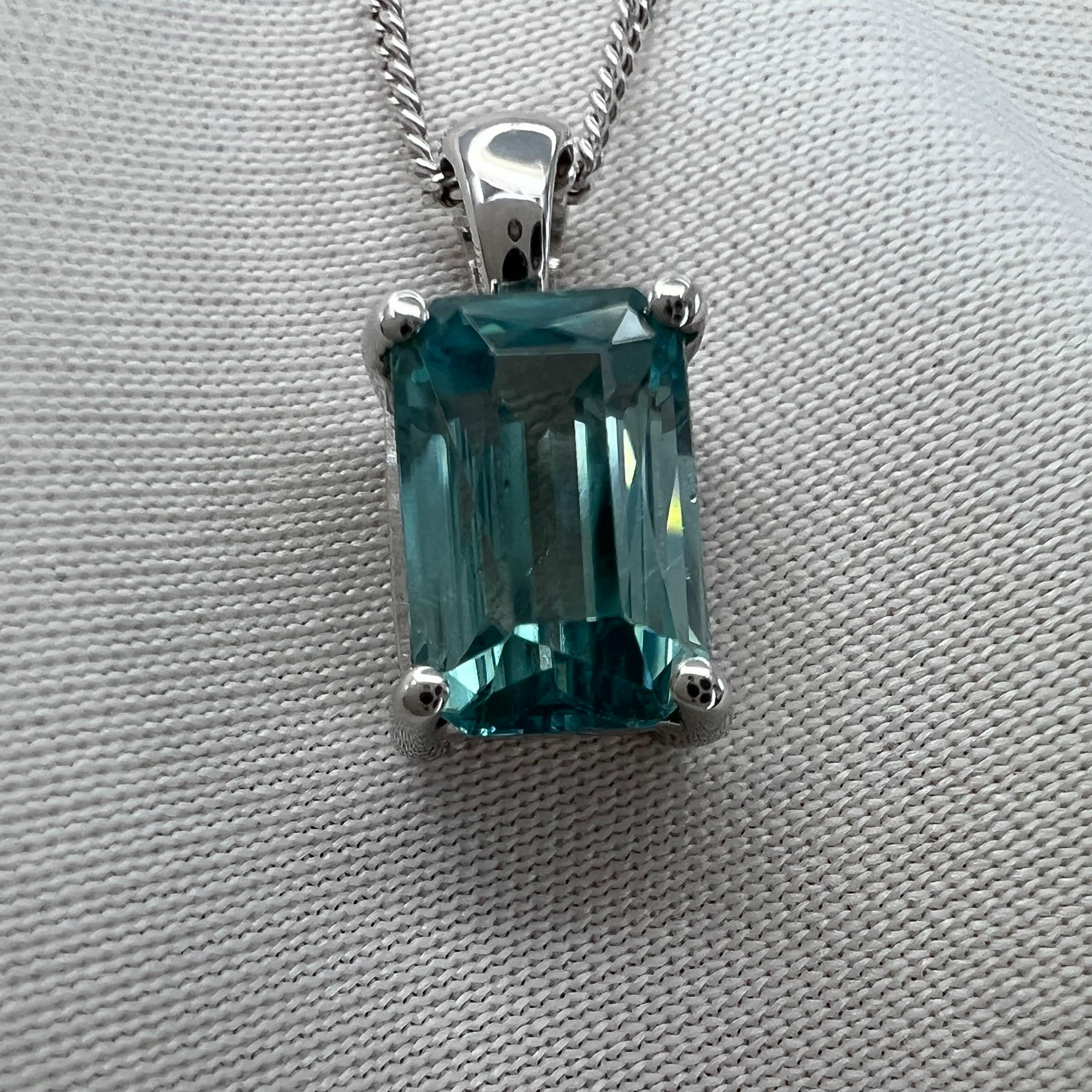 Vivid Neon Blue Zircon 2.41ct Fancy Emerald Cut 18k White Gold Pendant Necklace 6