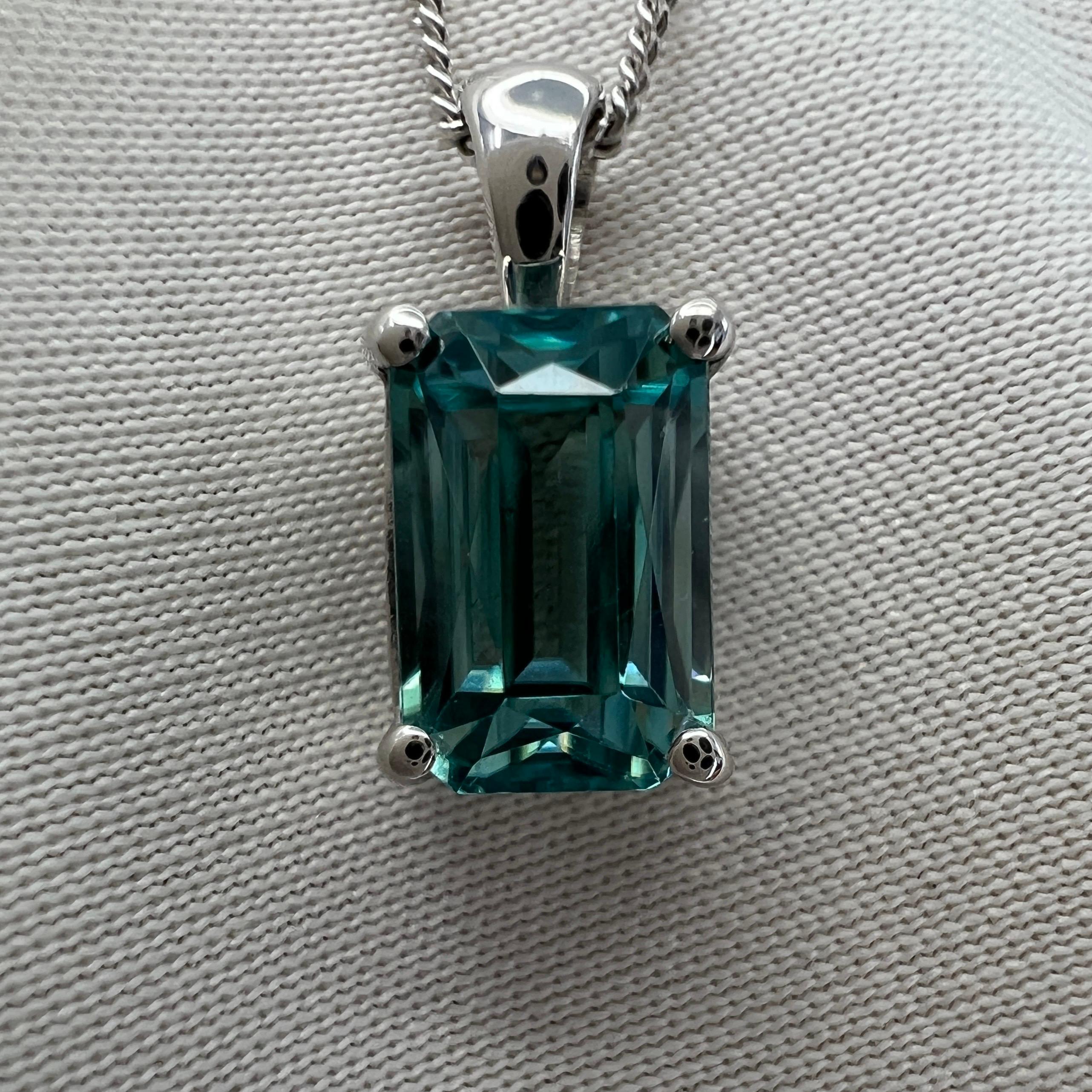 Vivid Neon Blue Zircon 2.41ct Fancy Emerald Cut 18k White Gold Pendant Necklace 7