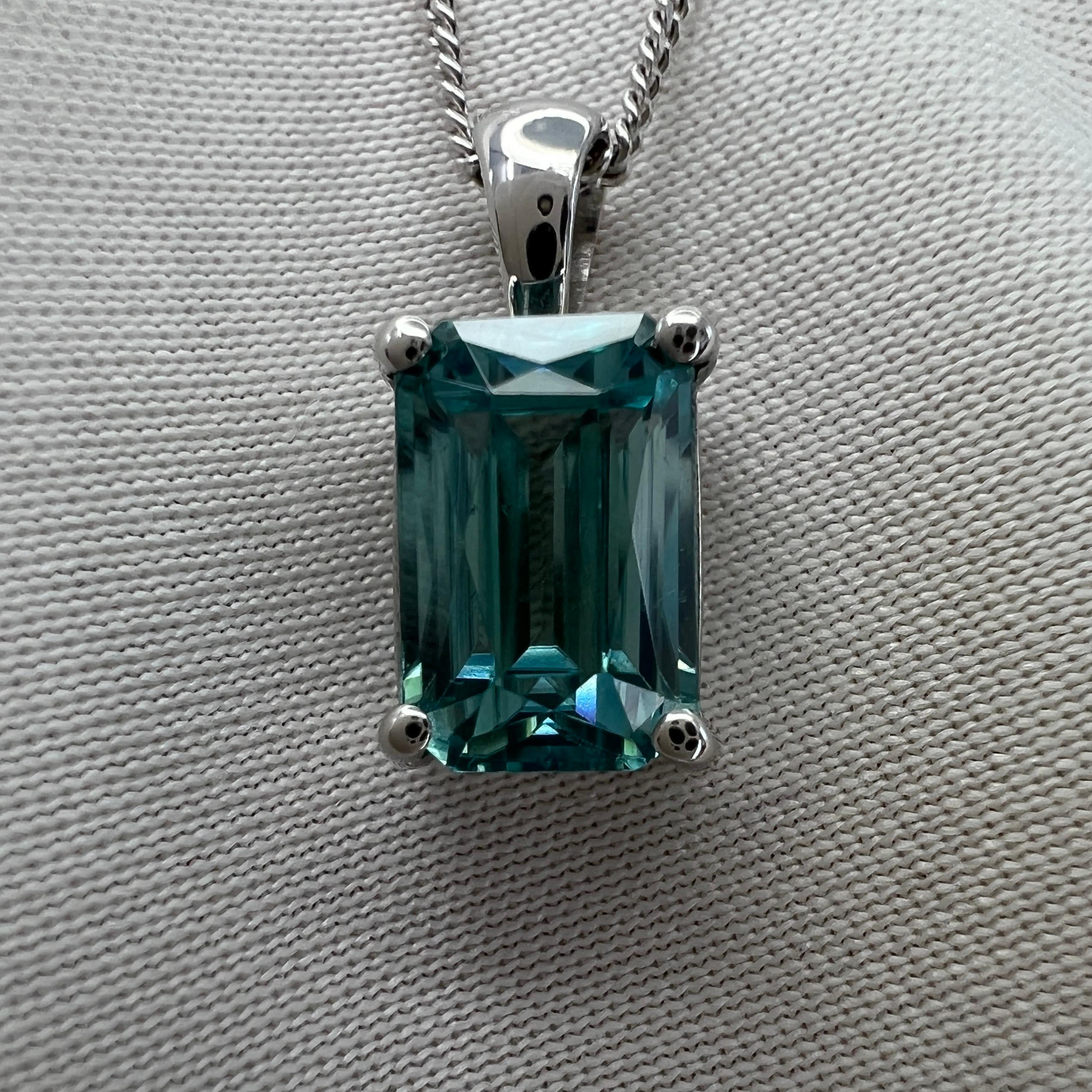 Vivid Neon Blue Zircon 2.41ct Fancy Emerald Cut 18k White Gold Pendant Necklace 8