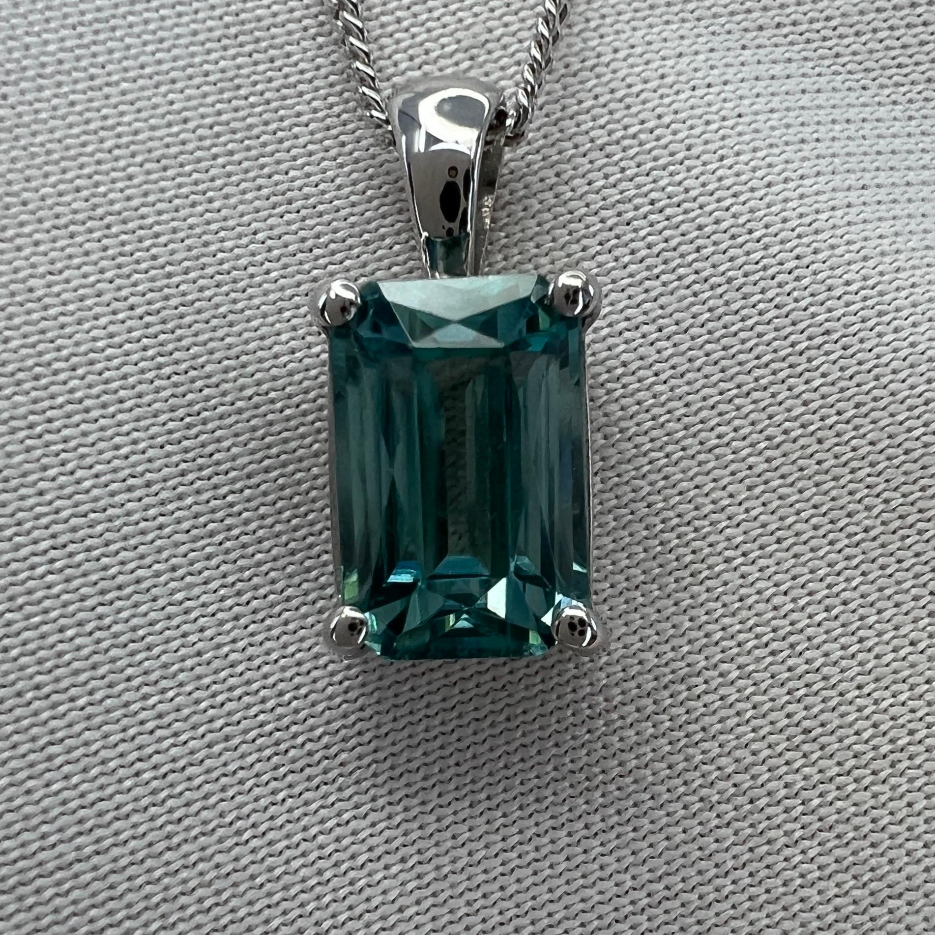 Vivid Neon Blue Zircon 2.41ct Fancy Emerald Cut 18k White Gold Pendant Necklace In New Condition In Birmingham, GB