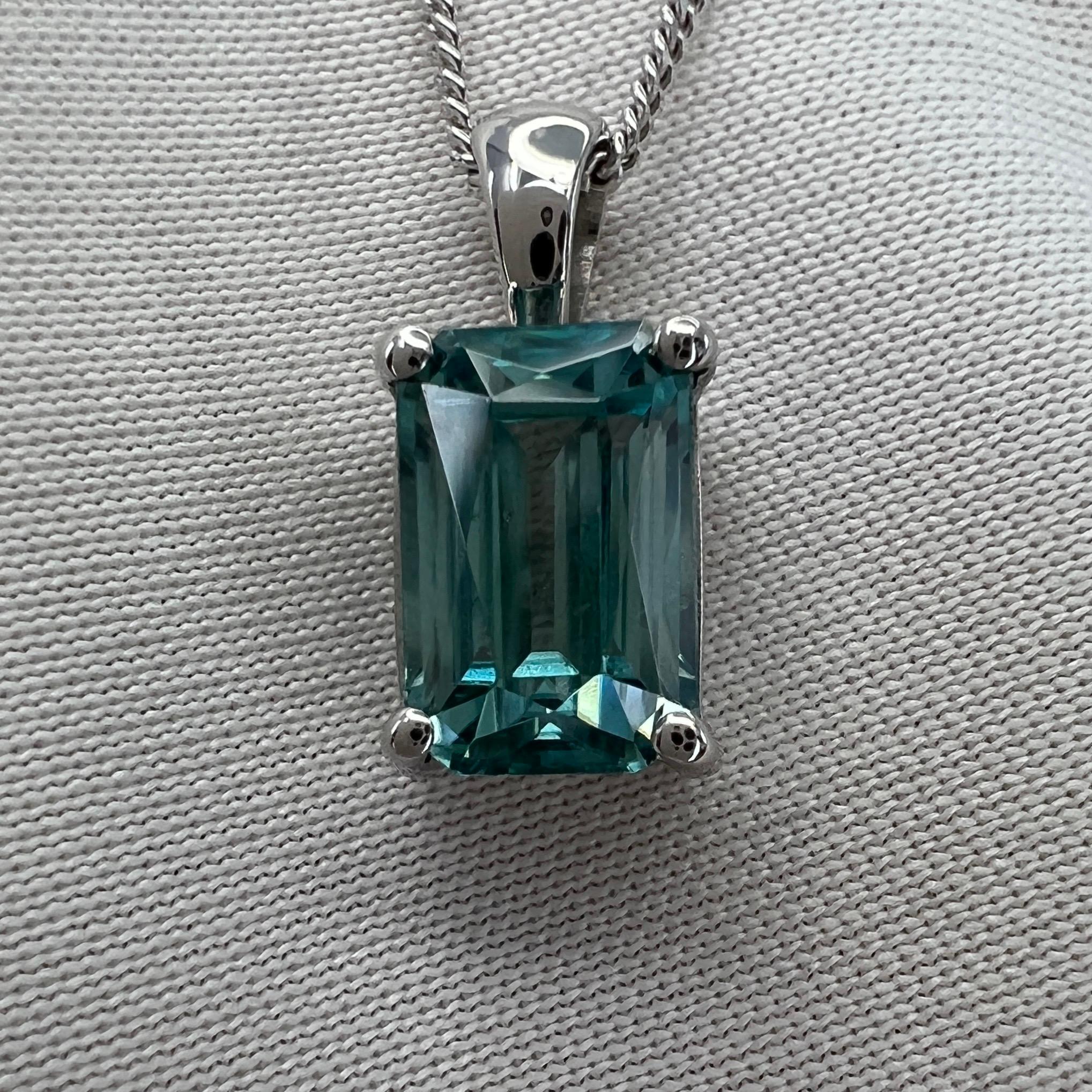 Vivid Neon Blue Zircon 2.41ct Fancy Emerald Cut 18k White Gold Pendant Necklace 1