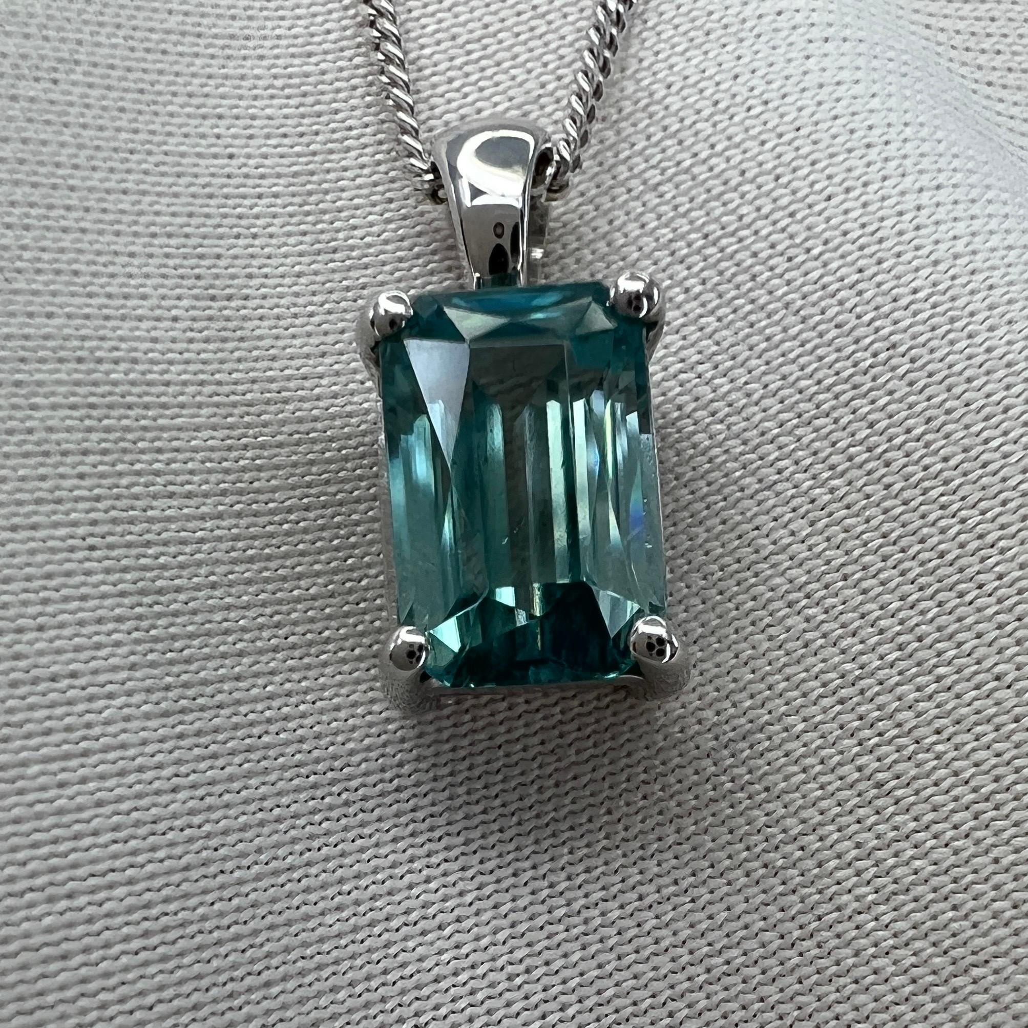 Vivid Neon Blue Zircon 2.41ct Fancy Emerald Cut 18k White Gold Pendant Necklace 2