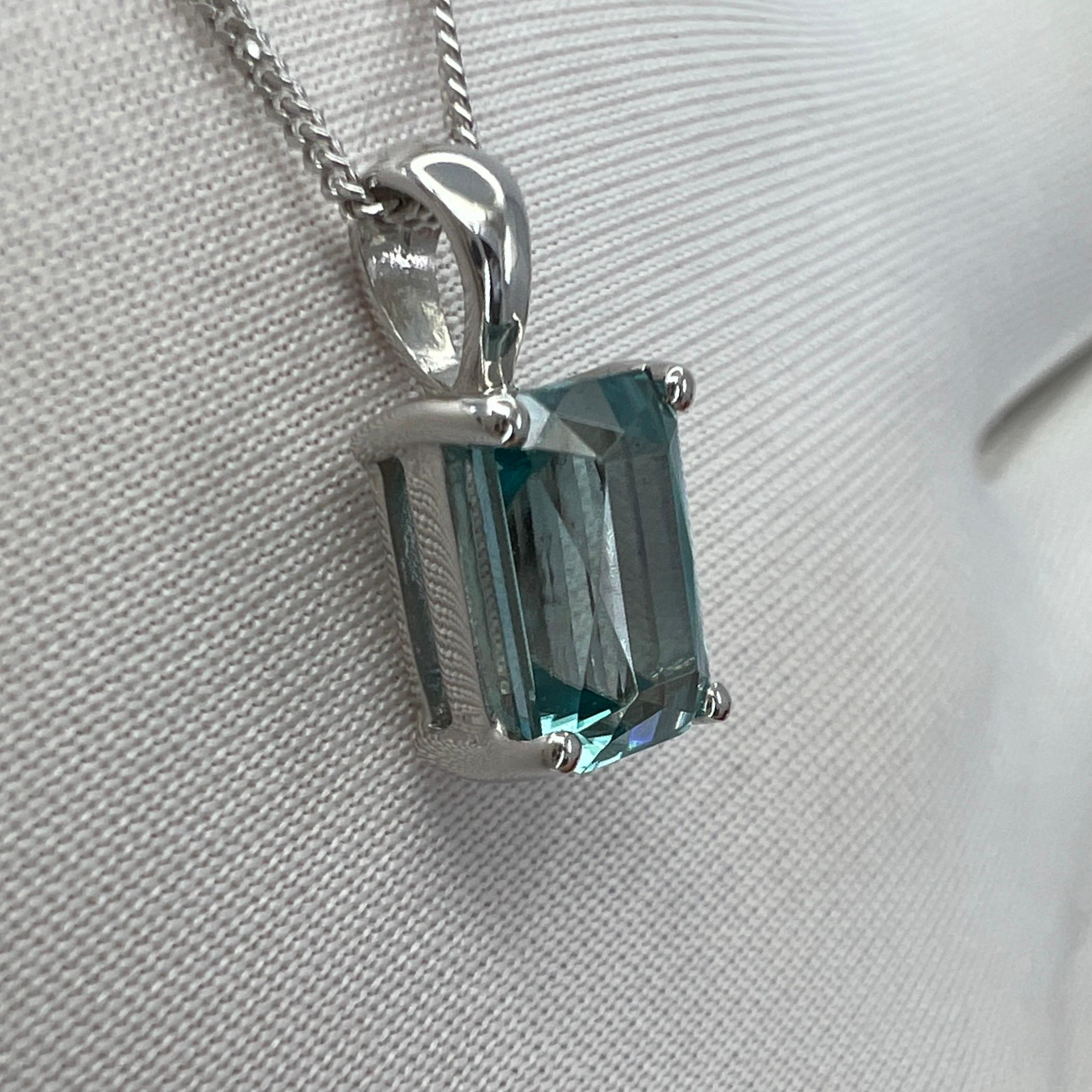Vivid Neon Blue Zircon 2.41ct Fancy Emerald Cut 18k White Gold Pendant Necklace 3