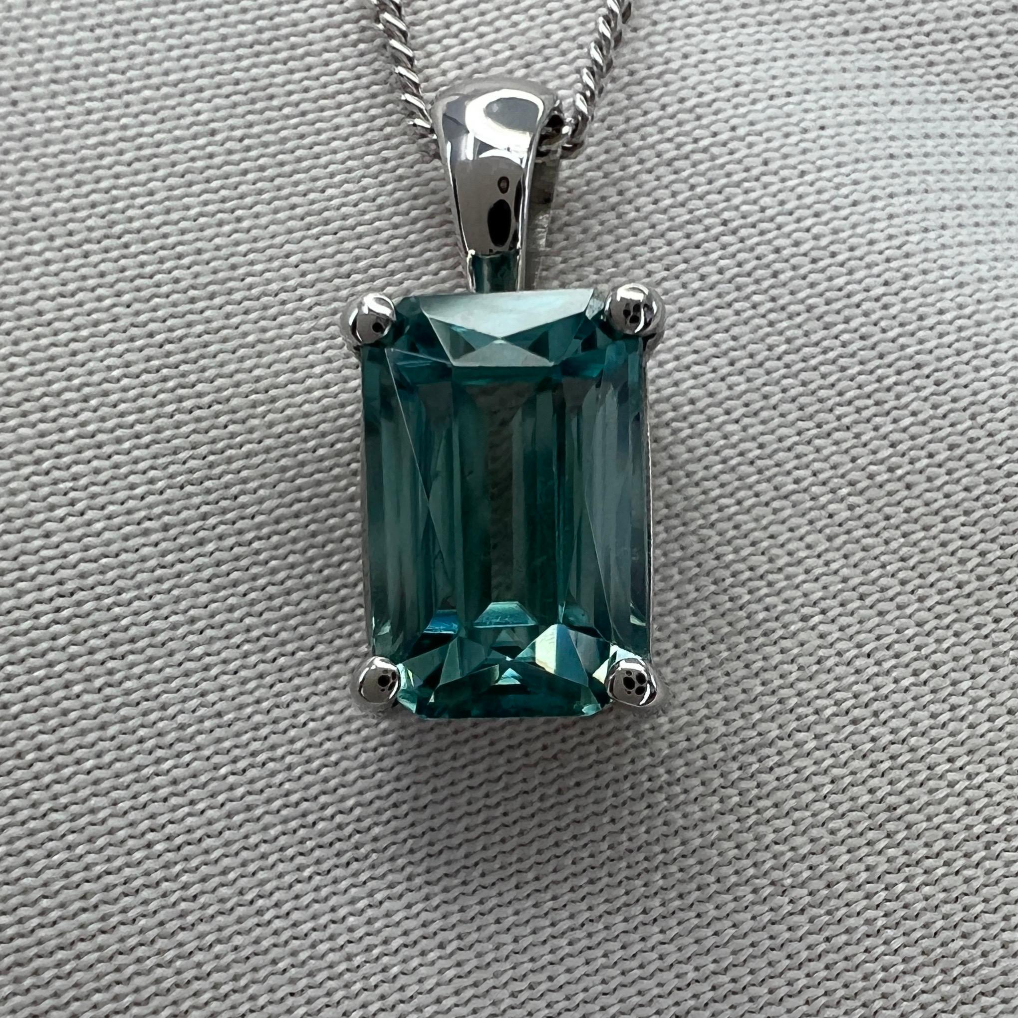 Vivid Neon Blue Zircon 2.41ct Fancy Emerald Cut 18k White Gold Pendant Necklace 4