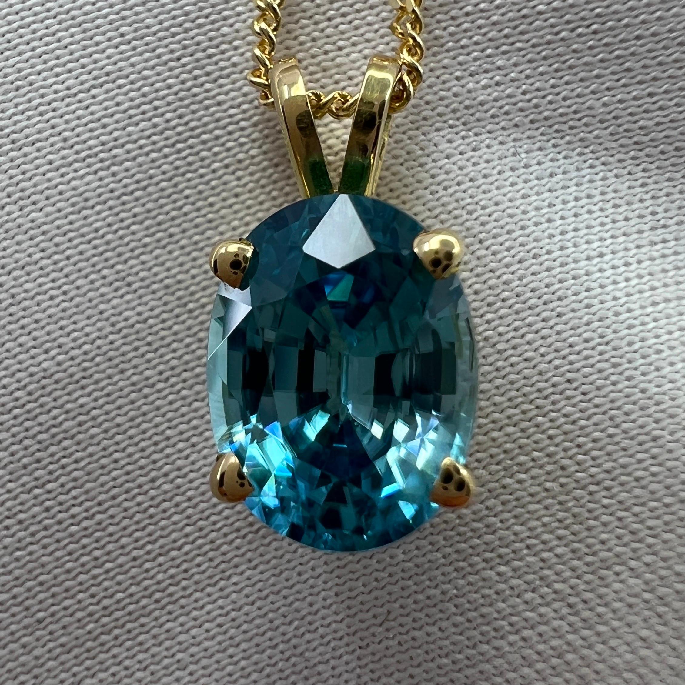 Vivid Neon Blue Zircon 3.10 Carat Oval Cut 18k Yellow Gold Pendant Necklace 3