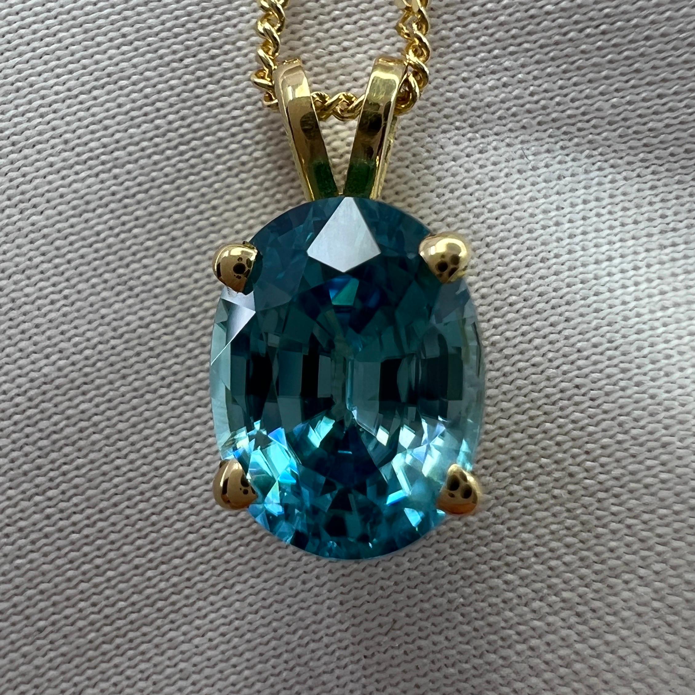 Vivid Neon Blue Zircon 3.10 Carat Oval Cut 18k Yellow Gold Pendant Necklace For Sale 3