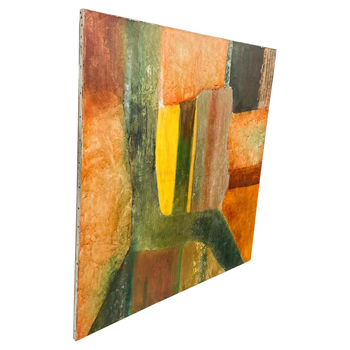 Vivid Orange Abstract Cubist Oil on Canvas Painting Signed C Martin Tschaen 88