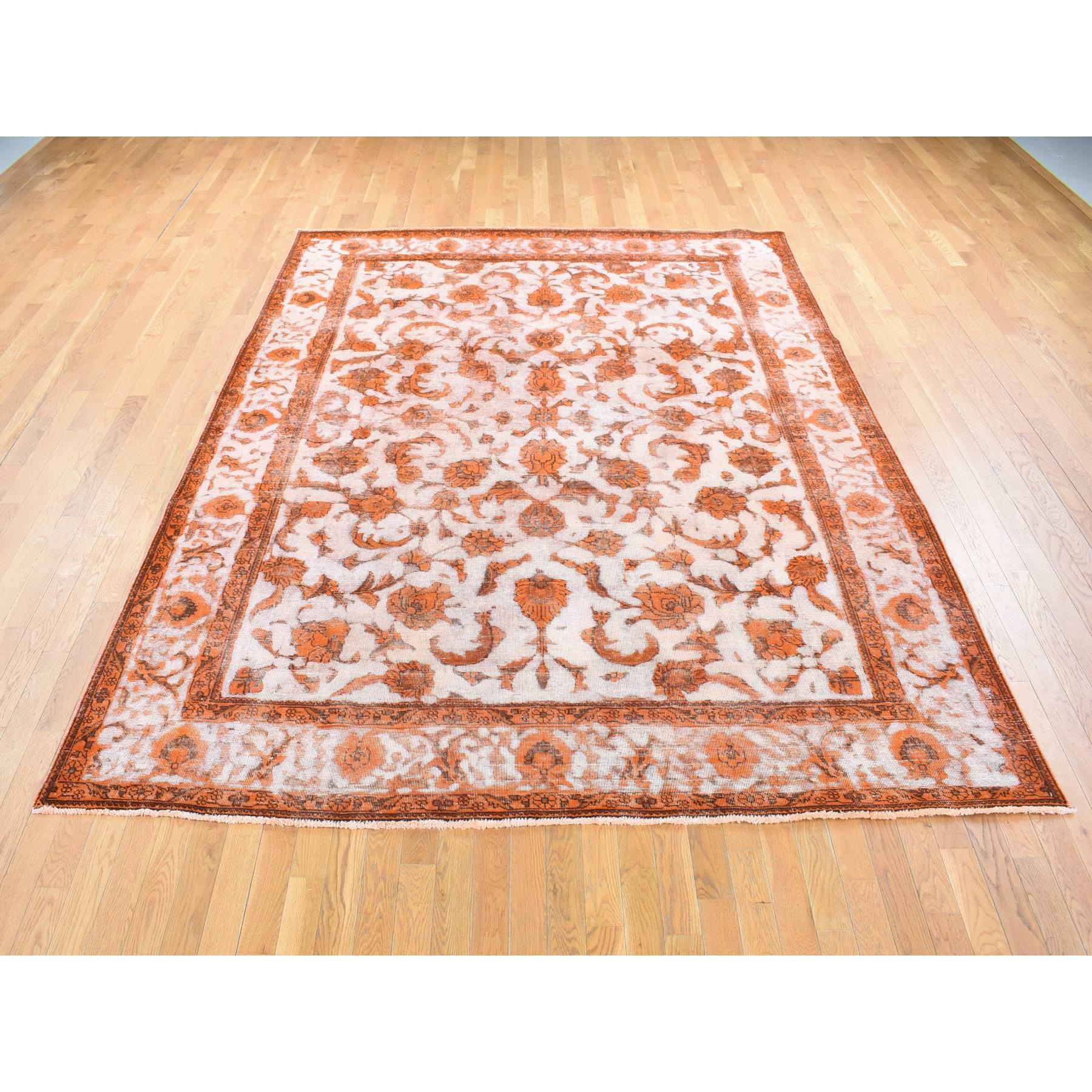 Hand-Knotted Vivid Orange Overdyed Old Persian Tabriz Barjasta Design Wool Hand Knotted Rug For Sale