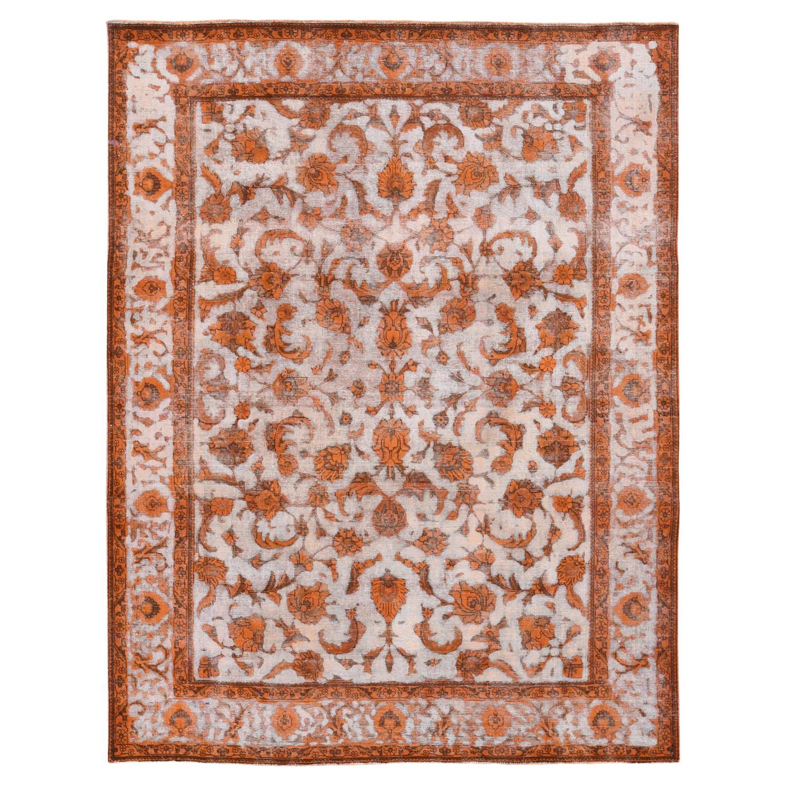 Vivid Orange Overdyed Old Persian Tabriz Barjasta Design Wool Hand Knotted Rug