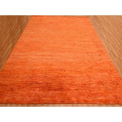 Vivid Orange Soft Pile Hand Knotted Plain Solid Design Sari Silk Oriental Rug