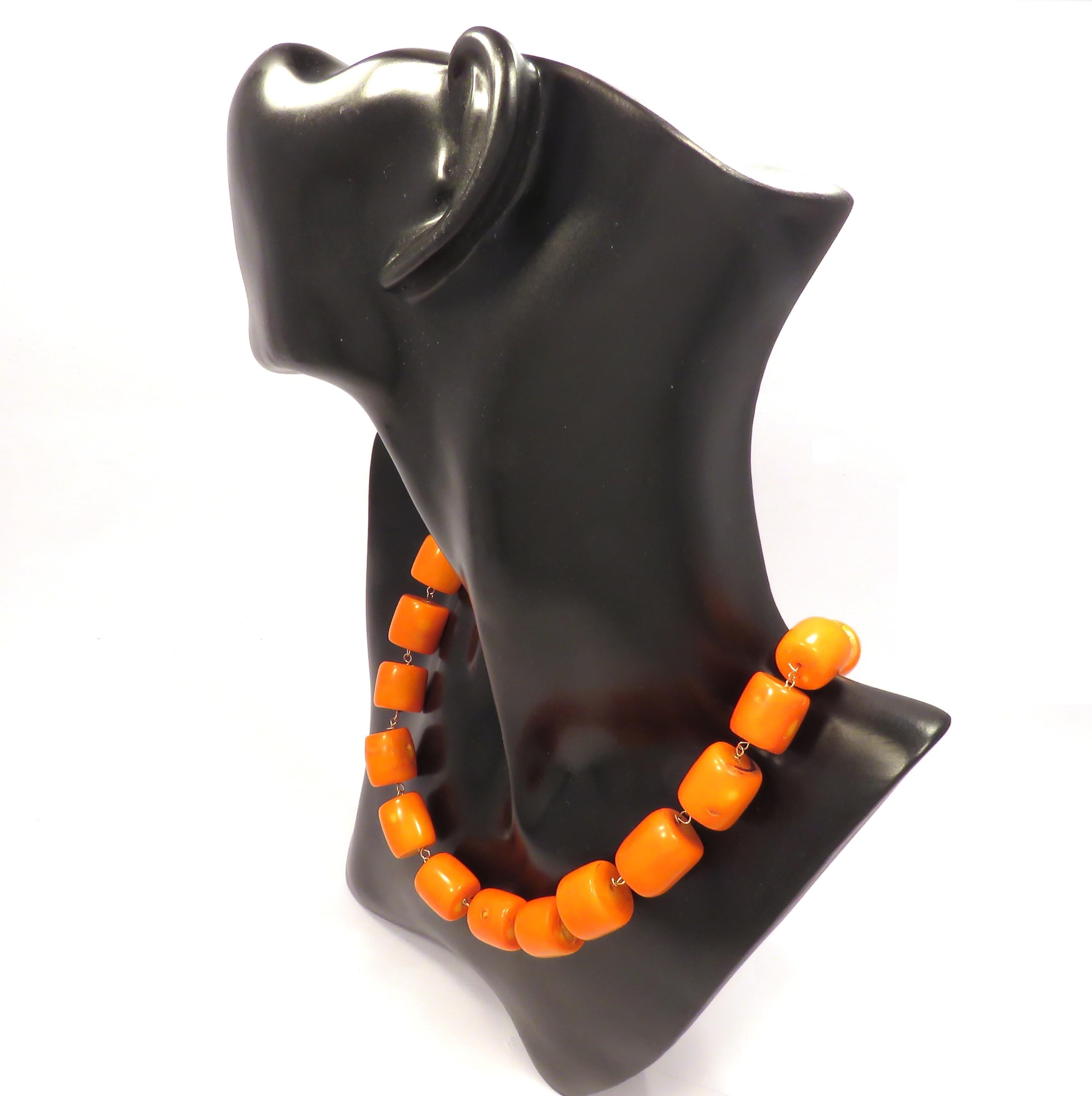 Contemporary Vivid Orange Stones Turquoise 9 Karat Rose Gold Necklace Handcrafted in Italy