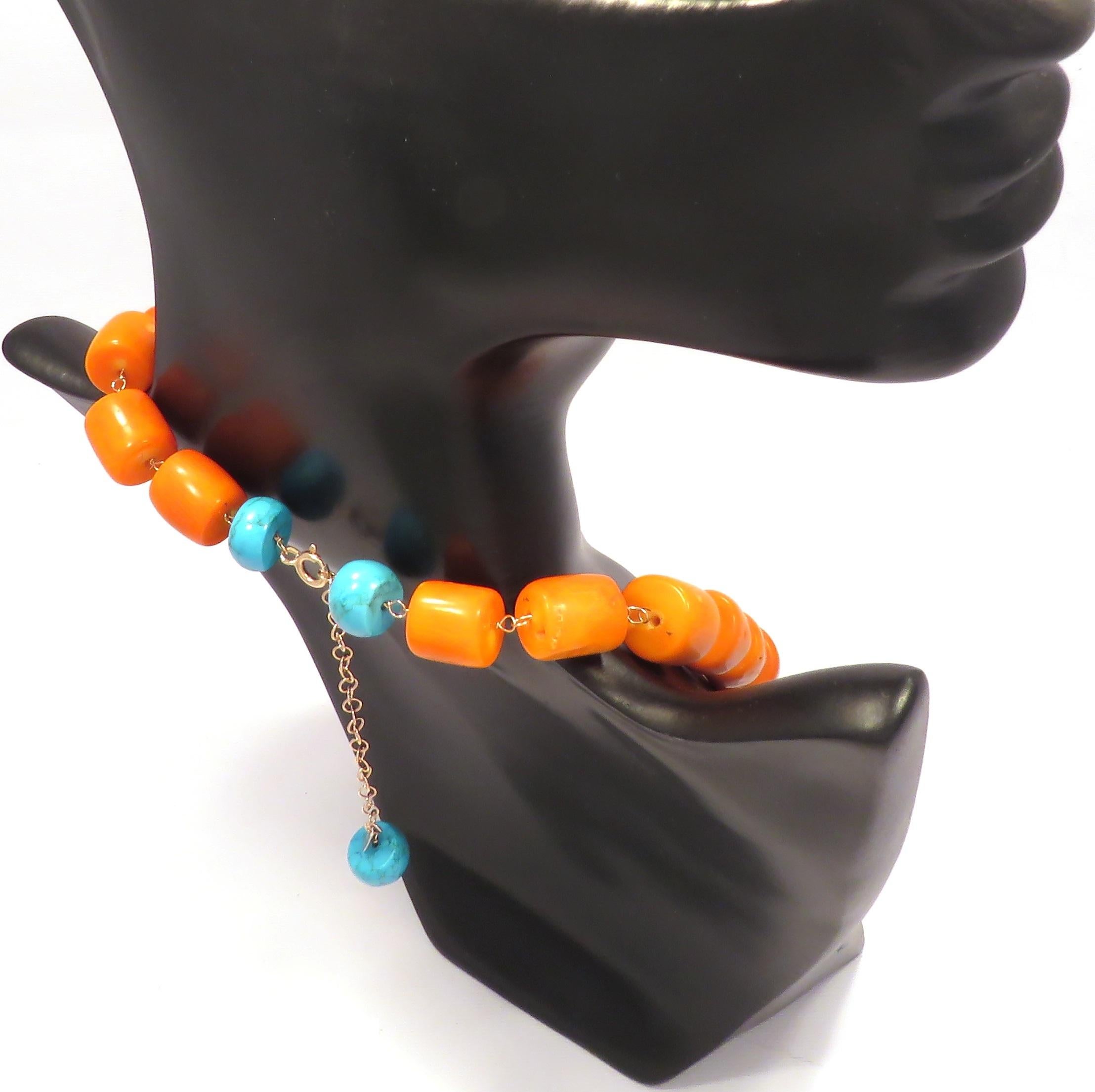 Ball Cut Vivid Orange Stones Turquoise 9 Karat Rose Gold Necklace Handcrafted in Italy