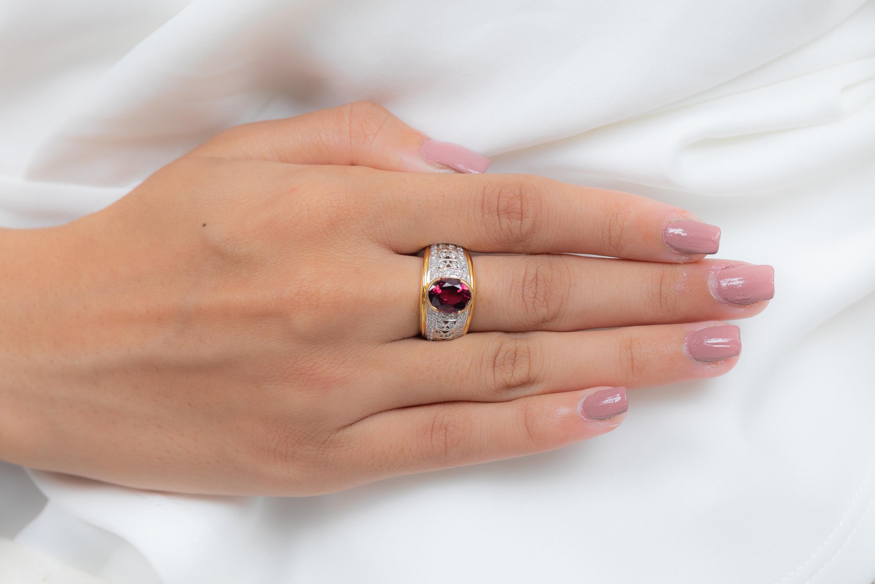 For Sale:  Vivid Oval Cut Ruby and Diamond Cocktail Ring in 18K Yellow Gold 4