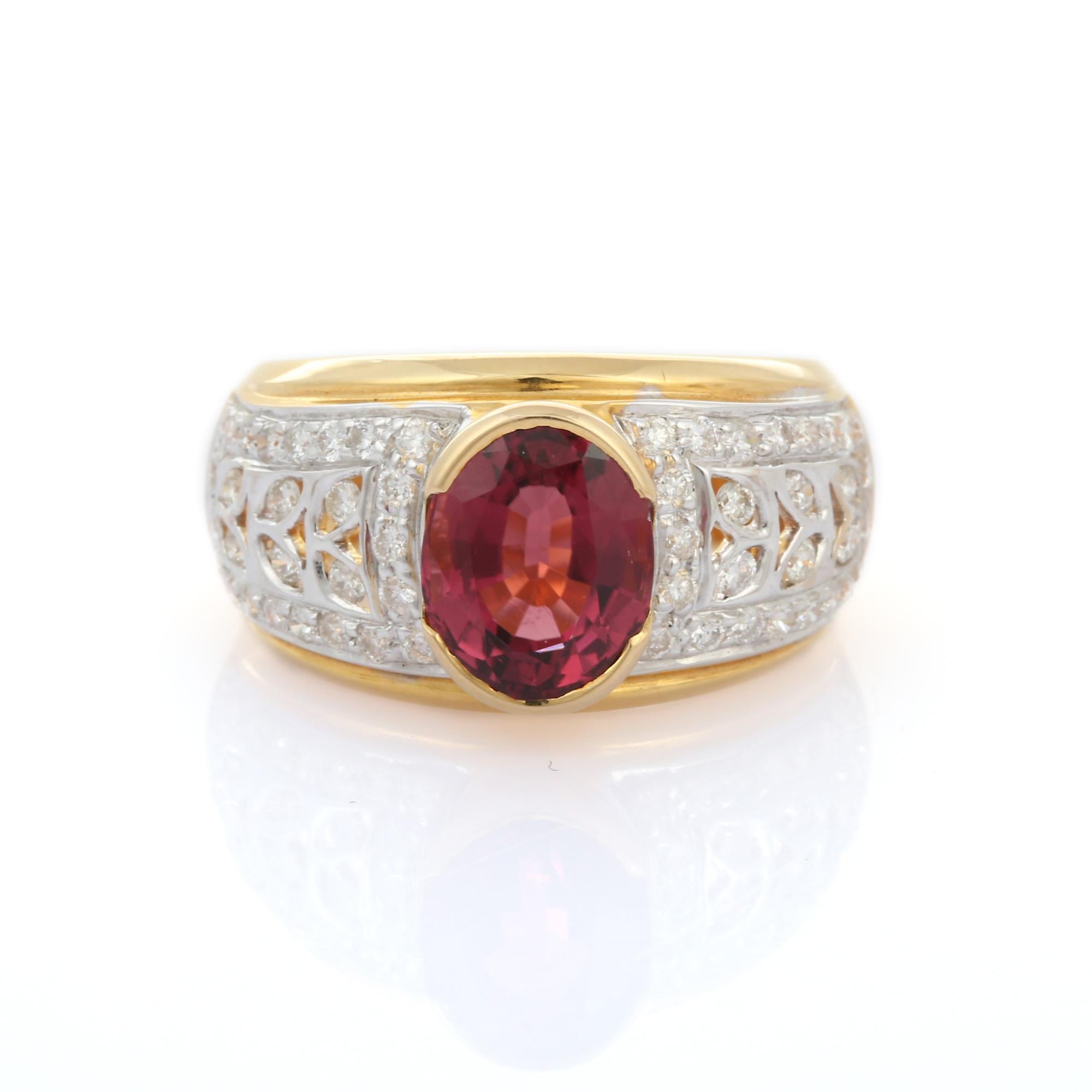 For Sale:  Vivid Oval Cut Ruby and Diamond Cocktail Ring in 18K Yellow Gold 6