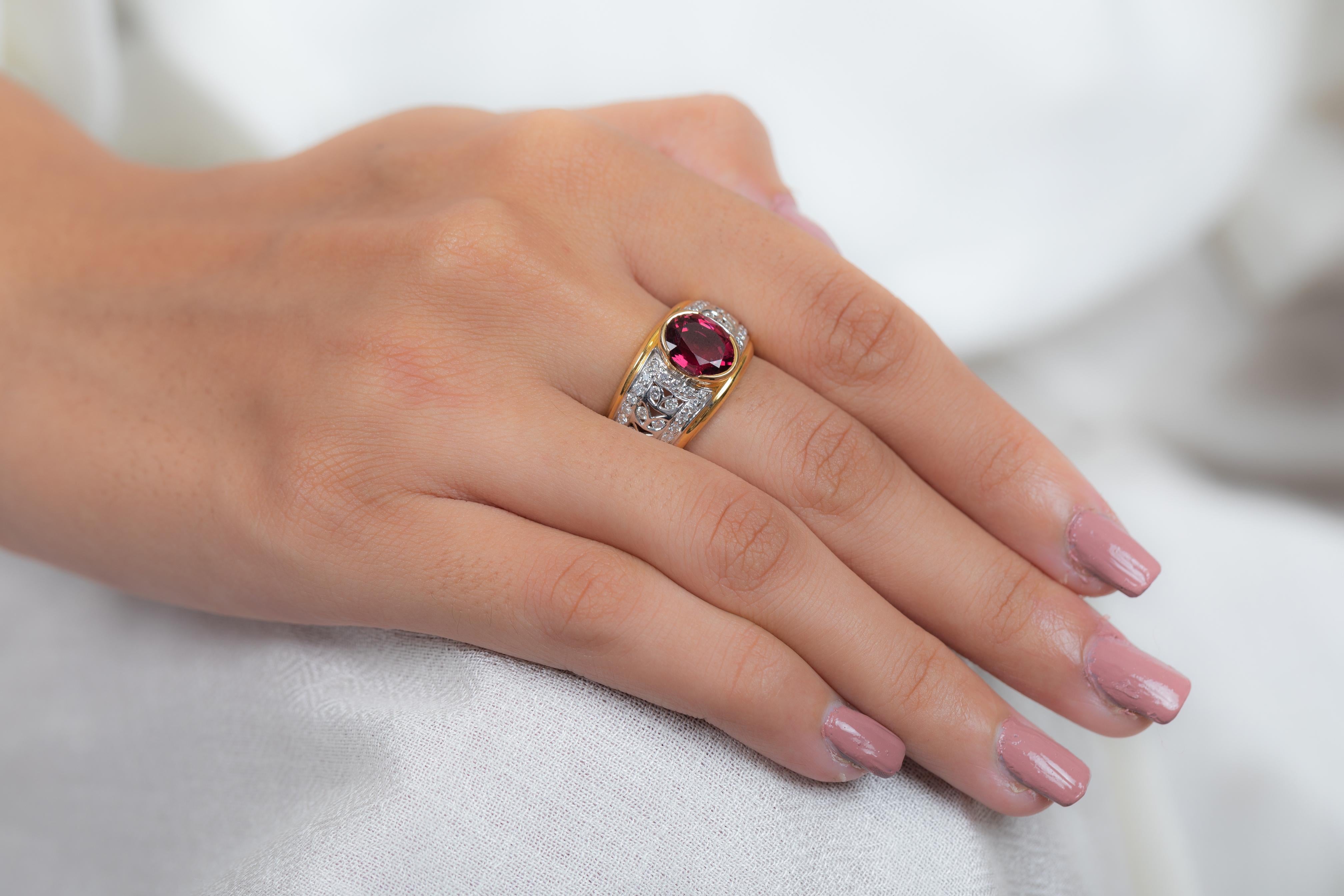 For Sale:  Vivid Oval Cut Ruby and Diamond Cocktail Ring in 18K Yellow Gold 7