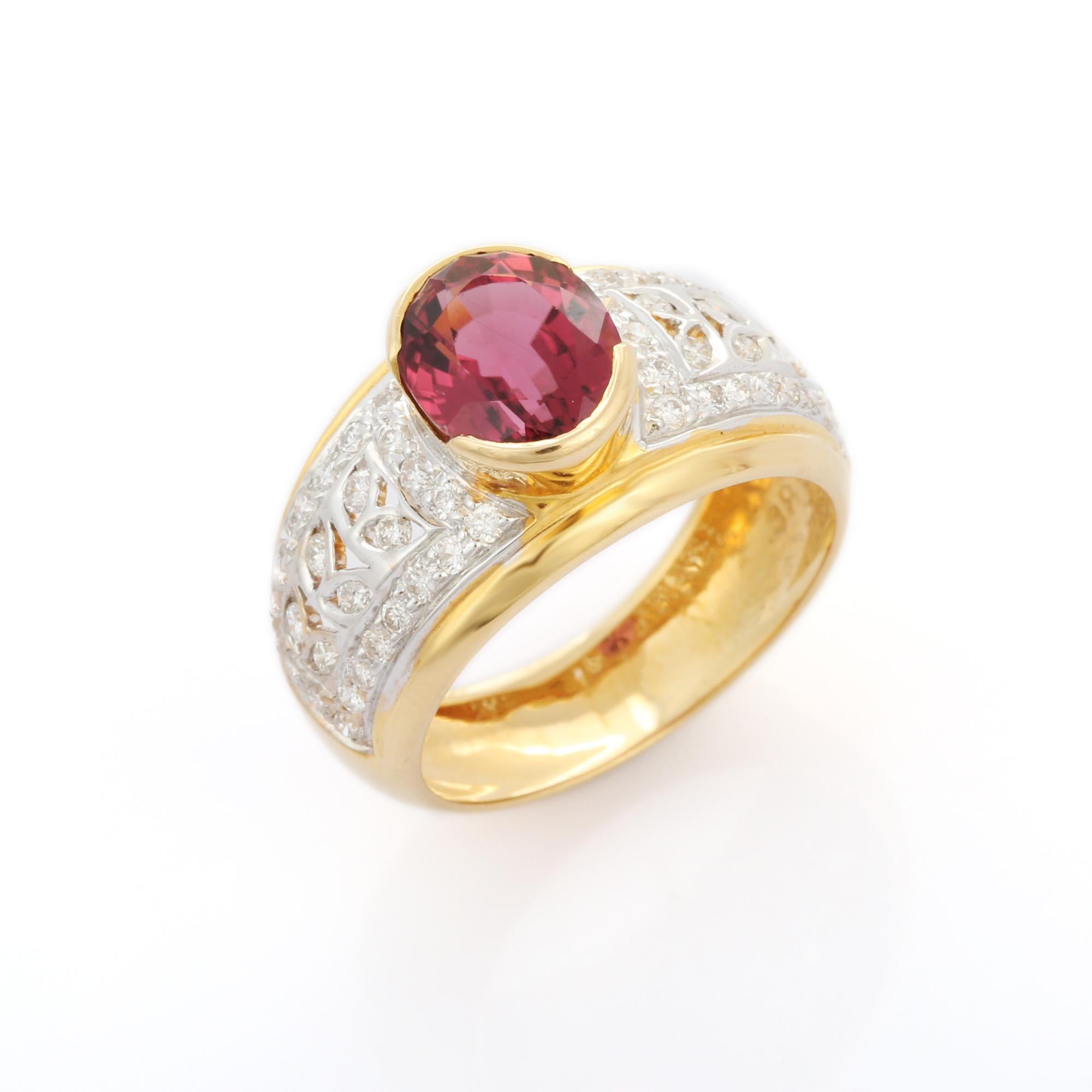 For Sale:  Vivid Oval Cut Ruby and Diamond Cocktail Ring in 18K Yellow Gold 8