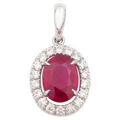 Antique Style Oval Cut Ruby and Diamond Halo Cluster Pendant in 18k White Gold