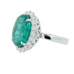 Vivid Oval Emerald Diamond Sun Ray Halo Unique Luxury Vintage 18 White Gold Ring