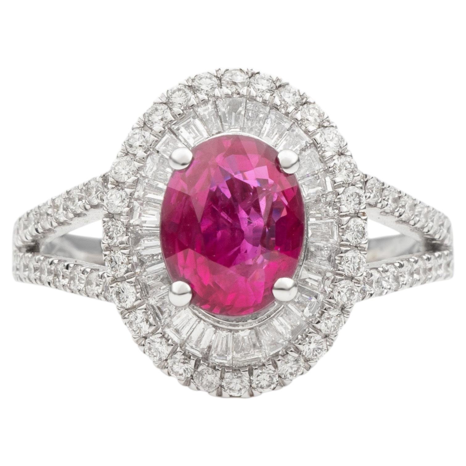 Art Deco-Inspired Oval Ruby & Baguette Diamond Halo Ring in Solid 18K White Gold