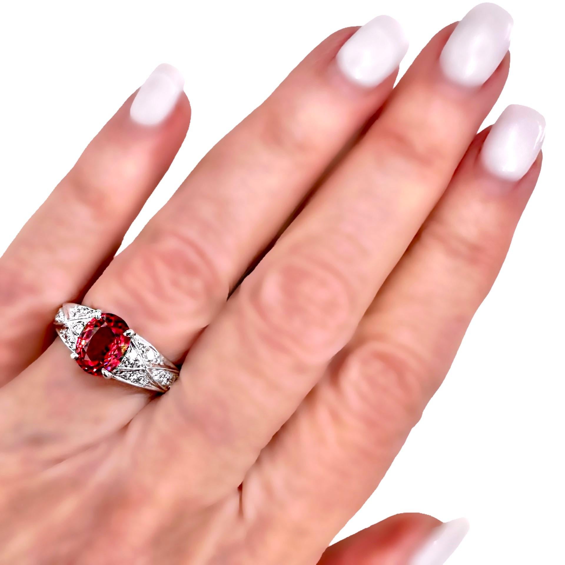Vivid Oval Shaped Orangy-Red Burmese Spinel set in Platinum Ring with Diamonds 7