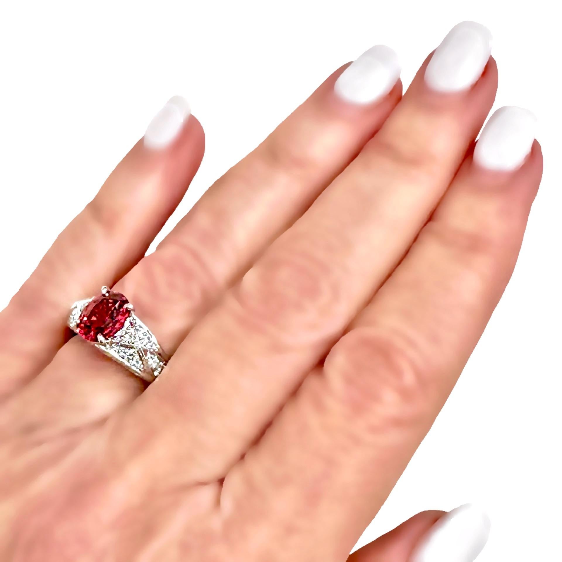 Vivid Oval Shaped Orangy-Red Burmese Spinel set in Platinum Ring with Diamonds 8