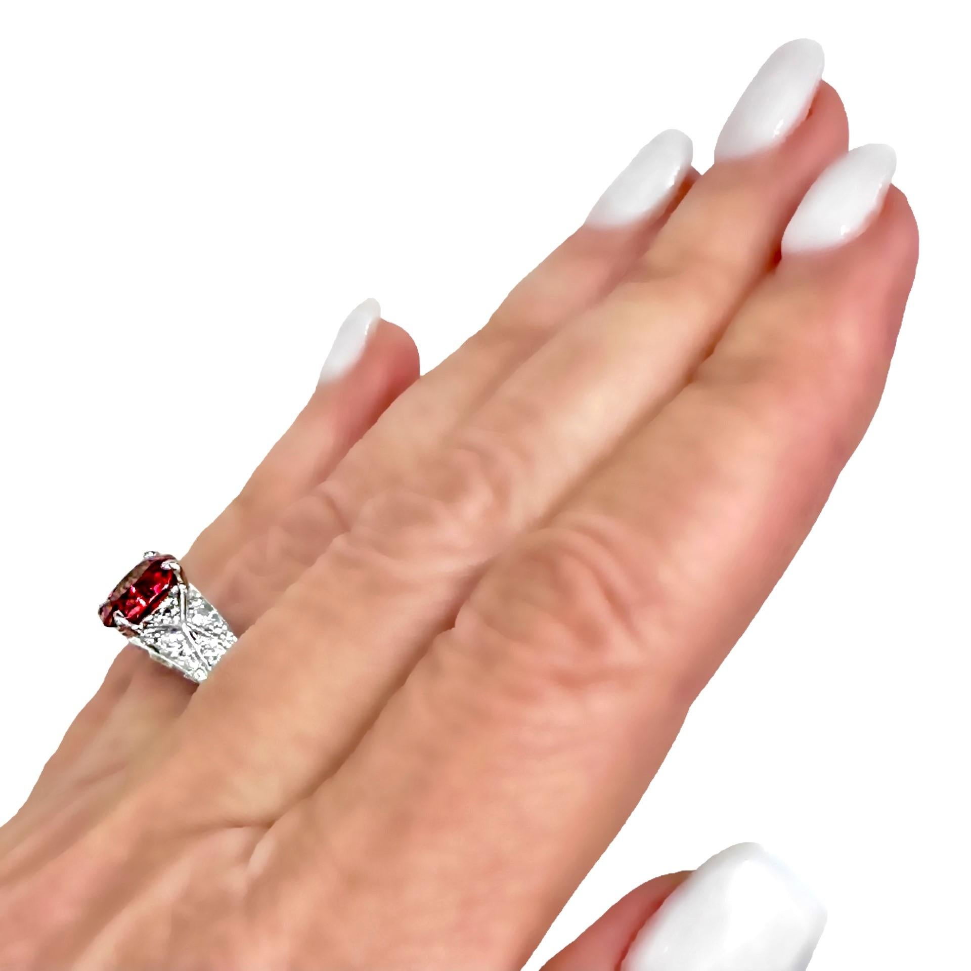 Vivid Oval Shaped Orangy-Red Burmese Spinel set in Platinum Ring with Diamonds 9