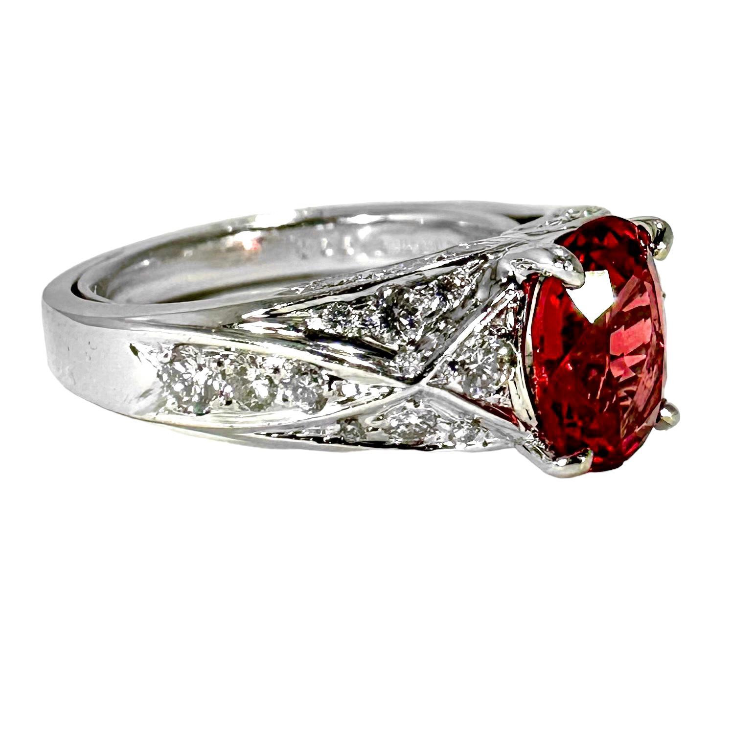 Modern Vivid Oval Shaped Orangy-Red Burmese Spinel set in Platinum Ring with Diamonds